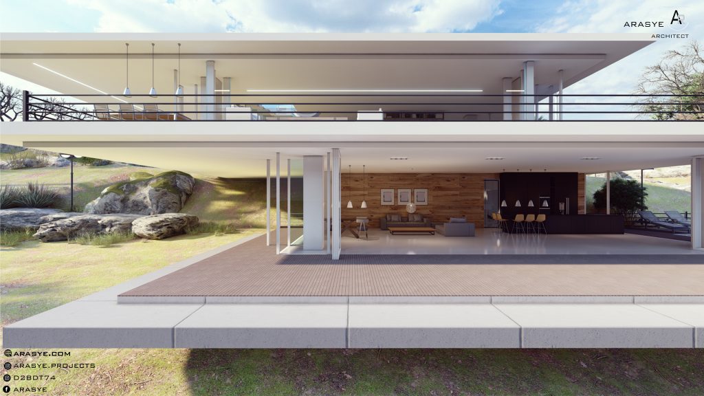 contemporary luxury modern house exterior with swimming pool, kitchen. dinning room, living room, open space, large window, white wall 3d illustration