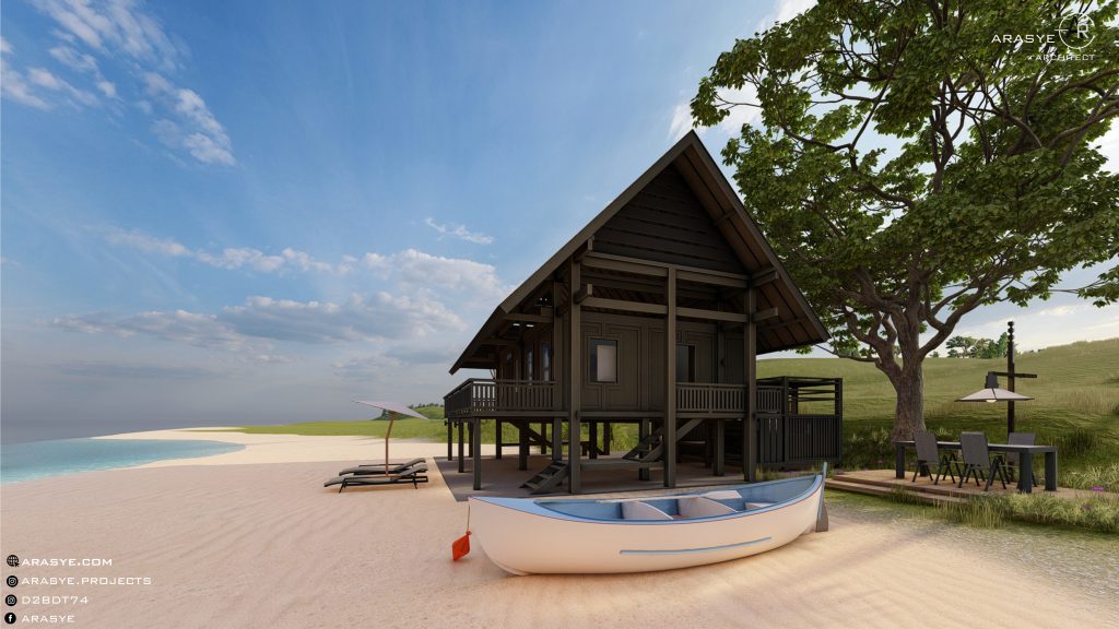 tropical wooden house on the beach sunny architecture design arasye bali indonesia rustic primitive beach cottage arsitek architect render 3d illustration animation