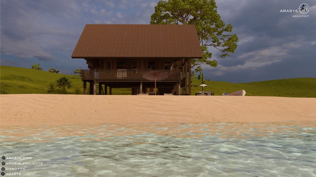tropical wooden house on the beach sunny architecture design arasye bali indonesia rustic primitive beach cottage arsitek architect render 3d illustration animation