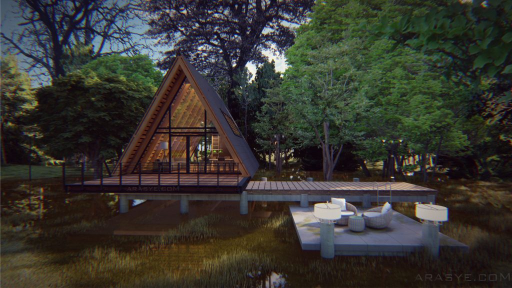 design, forest, house, architecture, cottage, outdoor, nature, home, modern, roof, wooden, triangle, cabin, exterior, background, illustration, furniture, view, concept, natural, frame, living, hut, vacation, futuristic, camp, timber, simple, tiny, camping, 3d, chair, romantic, river, lake, lamps, deck, lounge, water, grass, iron, blurred, leaves, night, light, fog, stars, dark, black, shadow, arasye, arsitek, bali, indonesia, jimbaran, rumah, jasa
