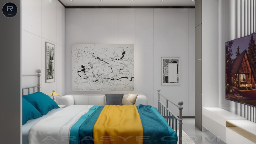 bed; modern; home; room; furniture; design; interior; bedroom; wall; house; white; cozy; bedding; blanket; luxury; light; stylish; architecture; pillows; living; beautiful; table; indoors; wood; pillow; comfort; indoor; elegant; wooden; new; 3d; grey; loft; poster; rug; empty; simple; interior design; picture; mockup; illustration; frame; yellow; green; side; wardrobe; dressing; door; stool; artwork;